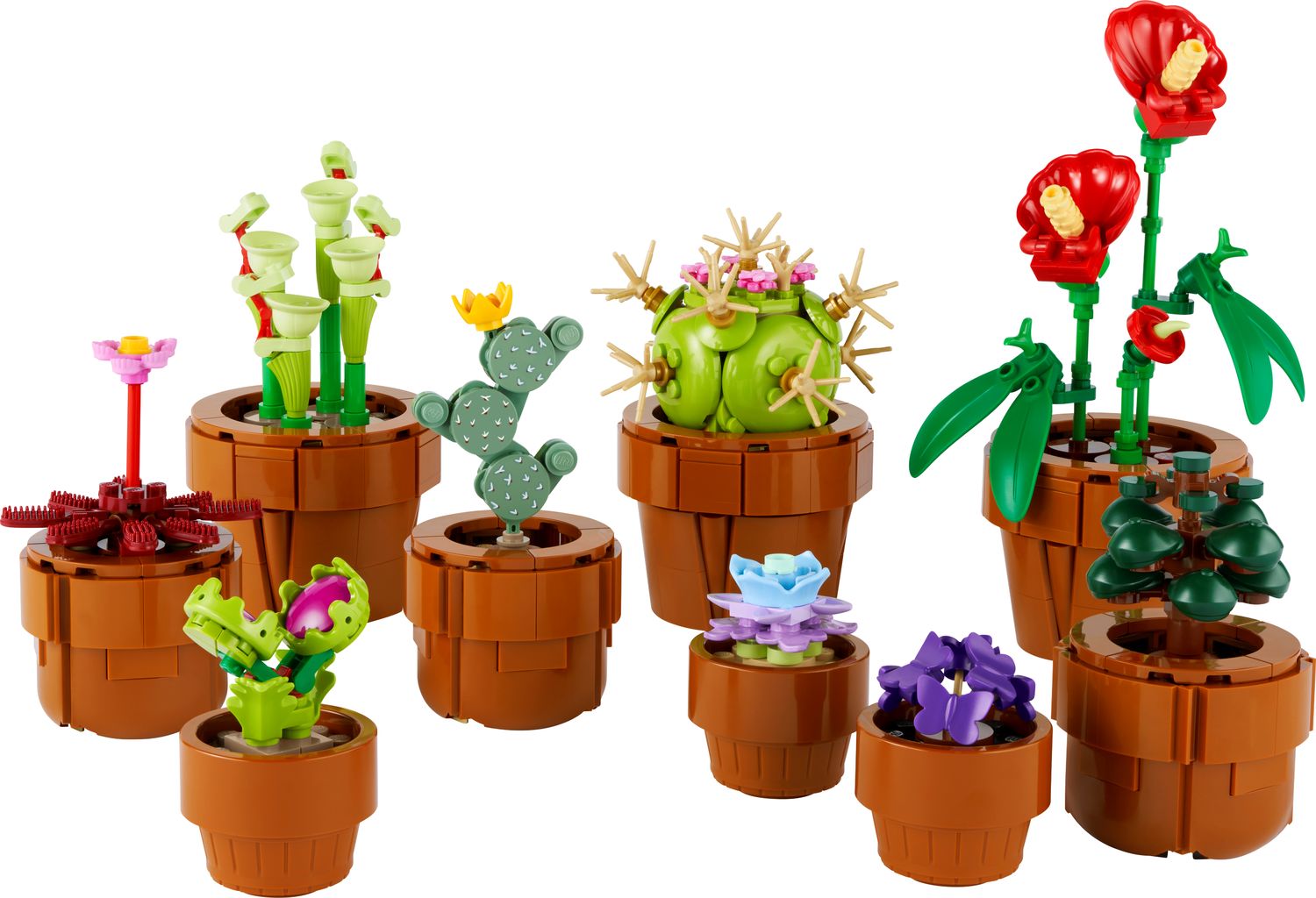 Nine LEGO Botanicals Tiny Plants models in brick-built pots